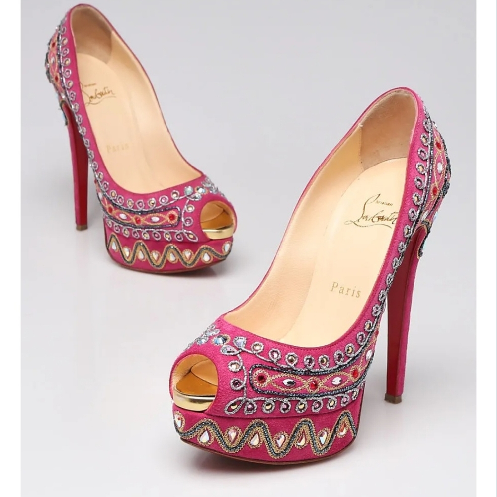 Louboutin Hot Pink Suede "Bollywood" platform pumps